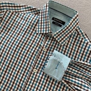 Bugatchi Mens M Shaped Fit ButtonUp Shirt Black Brown Check Plaid Cotton Lng Slv